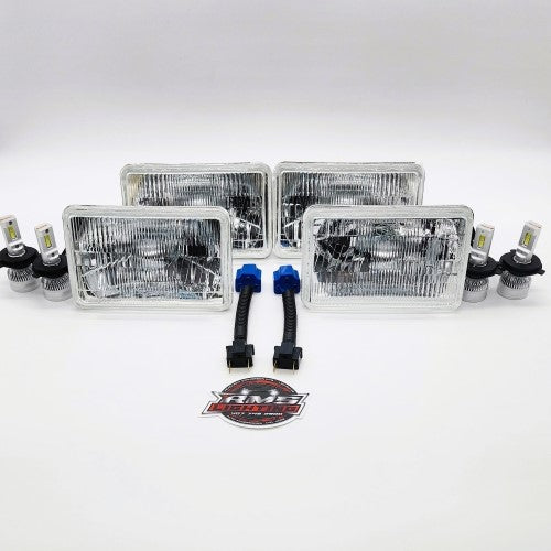 4x6 Gen2 Small Square 4 Eyed Fox Body Headlight Conversion Kit with 15,000 LM H4 LED Bulbs, Harness Adapters, & H2 LED Bulbs For The Marchal Fogs