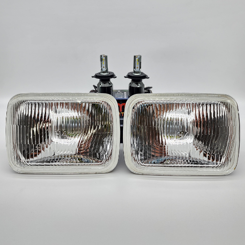5x7 (with bulb cover and reflective background) Large Square Headlight Conversion Kit with 10,000 LM H4 LED Bulbs (2 yr warranty)