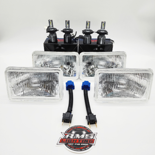 4x6 Gen2 ( With bulb cover and reflective background ) Small Square Headlight Conversion Kit with 10,000 LM H4 LED Bulbs & Harness Adapters